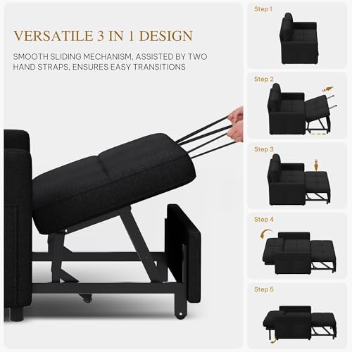 DWVO 55" Convertible Sofa Bed, 3-in-1 Sleeper Sofa with Pull-Out Bed, Linen Futon Couch with Adjustable Backrest and Side Pocket, Modern Loveseat for Living Room Apartment, Balck DWVO
