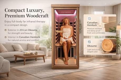 Haoyao Indoor Infrared Hemlock & Okoume 1100W 1-Person MINI Sauna with LED Lights, Bluetooth Speakers – A Gift for Parents or Friends Haoyao