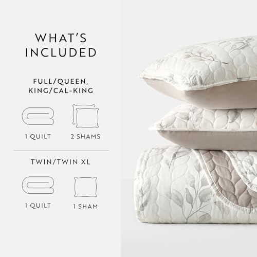 Linen Market Quilt Coverlet Set All Season Patterned Reversible Microfiber Ultra Soft Bedding in Watercolor Leaves - King/Cal-King Watercolor Leaves Latte Linen Market