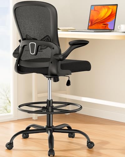 ErGear Drafting Chair, Standing Desk Chair with Flip-Up Armrests, High Desk Chair Adjustable Height, Ergonomic Tall Office Chair with Lumbar Support and Adjustable Footrest Ring ErGear
