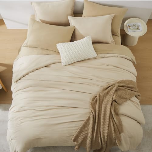WRENSONGE Queen Comforter Set- 7 Pieces Beige Bed in a Bag Queen with Fitted Sheet, Flat Sheet, 2 Pillow Shams, and 2 Pillowcases- Warm Bed Set for All Season WRENSONGE
