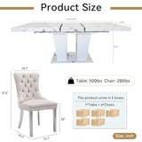 7-Piece Extendable Dining Table Set for 6-8 People 63-78 Inch Kitchen Table Set with 6 Beige Upholstered Chairs Modern White Faux Marble Rectangular Dining Room Table Set for Kitchen Apartment Goujxcy