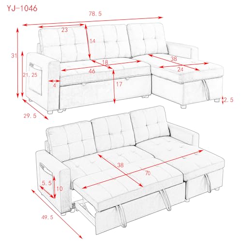 L-Shaped Reversible Sleeper Sectional Sofa Pull Out Couch Bed , Button Tufted Linen Convertible Pullout Sofabed with Storage Chaise Lounge and Detachable Cushion Back for Living Room Apartment Corner Eafurn