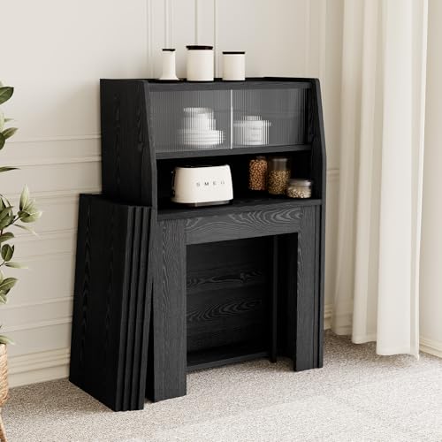 86.6" Extendable Dining Table Seats 4-6, Foldable Kitchen Table with Storage Cabinet for Small Spaces, Multifunctional Console Table with Built-in Shelf, Modern Black Finish (Black Table Only) HIPIHOM