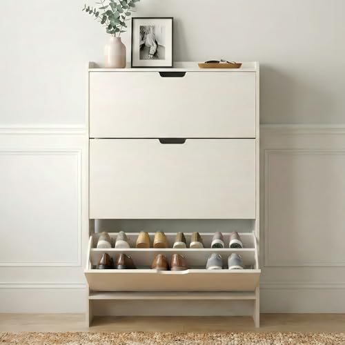RIHHA 52" Tall Slim Shoe Cabinet, 3-Drawer Flip Down Hidden Shoe Storage with Top Fence & Open Bottom Shelf, Ultra-Thin Narrow Shoe Rack, White Wood Grain RIHHA