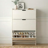 RIHHA 52" Tall Slim Shoe Cabinet, 3-Drawer Flip Down Hidden Shoe Storage with Top Fence & Open Bottom Shelf, Ultra-Thin Narrow Shoe Rack, White Wood Grain RIHHA