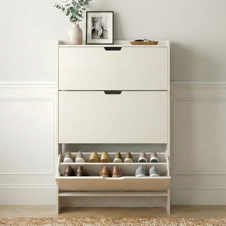 RIHHA 52" Tall Slim Shoe Cabinet, 3-Drawer Flip Down Hidden Shoe Storage with Top Fence & Open Bottom Shelf, Ultra-Thin Narrow Shoe Rack, White Wood Grain RIHHA