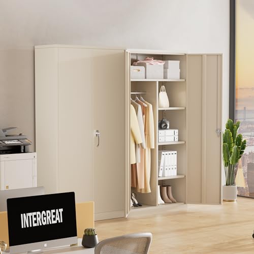 INTERGREAT Metal Storage Cabinet with Locking Doors, 72" Tall Wardrobe Closet with Lock and Hanging Rod, Steel Storage Locker Closet with 4 Shelves for Home Office, Garage, Grey INTERGREAT