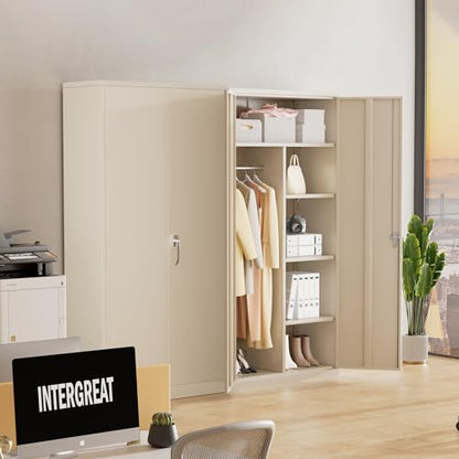 INTERGREAT Metal Storage Cabinet with Locking Doors, 72" Tall Wardrobe Closet with Lock and Hanging Rod, Steel Storage Locker Closet with 4 Shelves for Home Office, Garage, Grey - WoodArtSupply