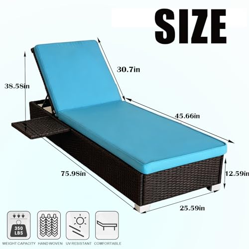 Outdoor Chaise Lounge Chairs Set of 2 with Fixed Side Shelf, All-Weather Wicker Pool Lounge Chair, 5-Position Adjustable Backrest, Removable Washable Light Blue Cushion for Patio, Poolside, Backyard