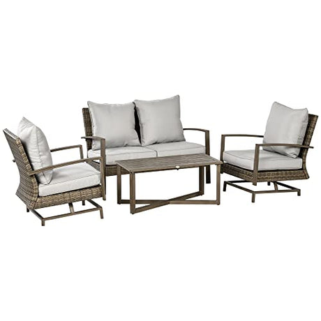 Outsunny 4 Piece Wicker Patio Furniture Set with 2 Rocking Chairs, Loveseat Sofa, Outdoor PE Rattan Conversation Set with Cushions, Aluminum Table for Porch, Poolside, Light Gray Outsunny