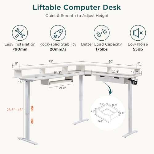 RedLemon 75X60 Inches L Shaped Electric Standing Desk, Height Adjustable Corner Gaming Desk with Drawers, Keyboard Tray, Power Outlets & LED Lights, Computer Desk with Monitor Shelf, Antique White RedLemon