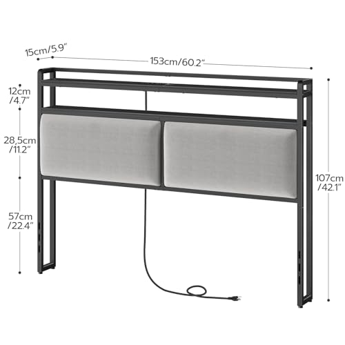 HOOBRO Queen Size Upholstered Headboard, Storage Headboard with Charging Station and Adjustable LED Lights, 2 Standard Outlets and 2 USB Ports, Queen Headboard Only, Easy Assembly, Black and Gray HOOBRO