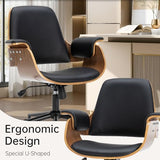 Mid Century Modern Home Office Chair,Ergonomic U-Shape Mid Back Executive Chair,Adjustable Height Swivel Computer Chair with Walnut Finish & PU Leather,Accent Chairs for Study Bedroom Workspace(Black) Soxiar