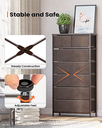 Pellebant Dresser for Bedroom with 7 Drawers, Tall Dresser Vertical Storage Tower, Sturdy Metal Frame, Fabric Storage Bins with Wooden Handle and Wooden Top, Organizer Unit for Closet/Hallway, Brown Pellebant
