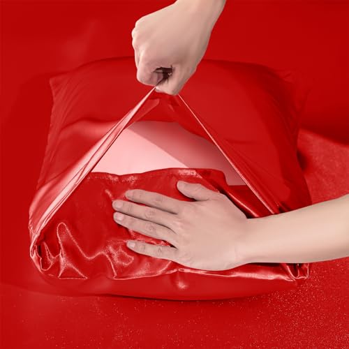 VACVELT 2-Piece Satin Fitted Sheet Set Twin Size, Red Bottom Bed Sheet with 1 Pillowcase, Similar to Silk Sheets, Luxury & Silky Bedding Set, 15 Inch Deep Pocket VACVELT