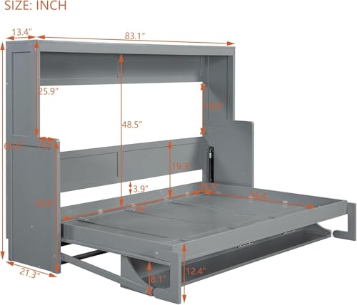 Full Horizontal Murphy Bed with Desk,Solid Wood Folding Hideaway Murphy Wall Bed for Adult,Guest Room (Grey) MERITLINE