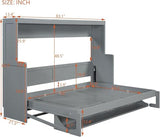 Full Horizontal Murphy Bed with Desk,Solid Wood Folding Hideaway Murphy Wall Bed for Adult,Guest Room (Grey) MERITLINE
