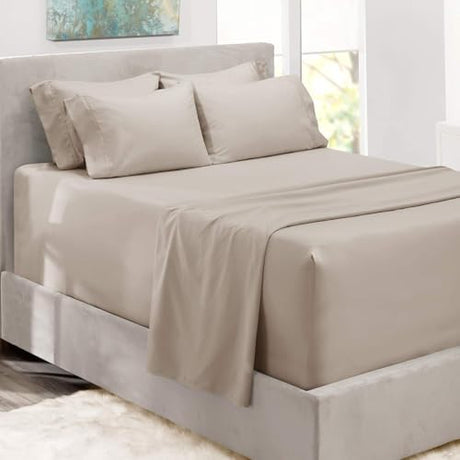 Hearth & Harbor Bed Sheets, Luxury Soft 6 Piece Bed Sheet Set Extra Deep Pocket Fitted Sheets Fits Mattress up to 21", Double Brushed Bedding Sheets & Pillowcases, Queen, Natrual Linen Hearth & Harbor