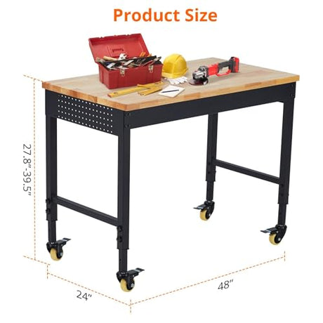 48" Adjustable Workbench with Wheels, 2000 LB Capacity, Power Outlets, Solid Hardwood Top, Heavy Duty Garage Work Table for Workshop, Home Office, DIY IDEALHOUSE