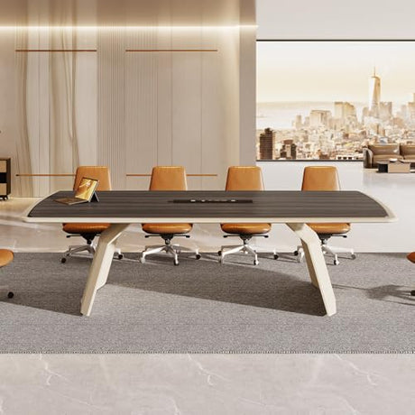 Tribesigns 7.87 ft Extra Long Conference Table for 10-12 People, Large Business Rectangle Meeting Seminar Table with Stainless Steel Base & Recessed Power Strip Socket, Gray + Khaki Tribesigns