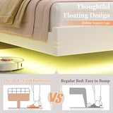 HIFIT 2 Set Upholstered Twin Size LED Bed Frame with Charging Station, Adjustable Crystal-Tufted Puffs Headboard, Velvet Girls Floating Twin Platform Bed Frames for Kids with Under Bed Lights, Beige HIFIT