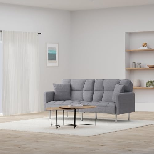 Best Choice Products Convertible Linen Fabric Tufted Split-Back Plush Futon Sofa Furniture for Living Room, Apartment, Bonus Room, Overnight Guests w/ 2 Pillows, Wood Frame, Metal Legs - Dark Gray Best Choice Products