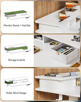 JOY worker Small Electric Standing Desk, 35" x 25" Height Adjustable Desk with Built-in Monitor Stand & Storage Drawer, White Sit Stand Table with 2 Hooks for Home Office JOY worker