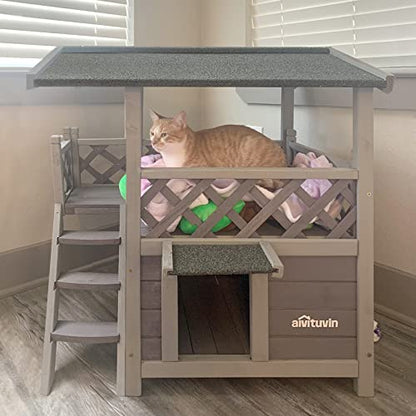 Feral Cat House Outdoor and Indoor Kitty Shelter with Stairs for Cats Insulated, Weatherproof Roof for Winter