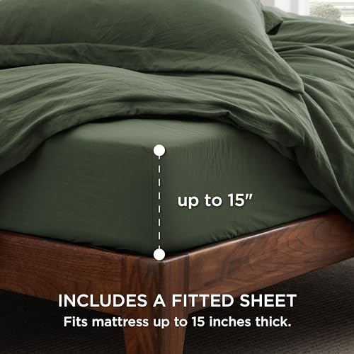 Bedsure Duvet Cover Queen Size with Fitted Sheet - 4 Pieces Prewashed Cotton-Like Extra Soft Bedding Set, Includes 1 Duvet Cover 90x90 Inches, 2 Pillow Shams, 1 Fitted Sheet, Olive Green Bedsure