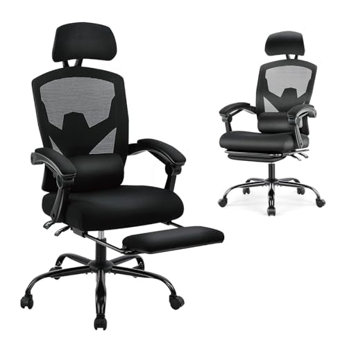 DUMOS Home Office Desk Chair with Footrest, High-Back Mesh Rolling Swivel Reclining Chairs with Wheels, Comfortable Headrest, Lumbar Support, Comfy Arms for Home, Office, Gaming, Student, Inky DUMOS