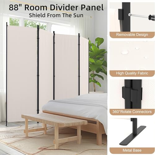 Kecreque Room Divider 4 Panel Partition Room Dividers & Folding Privacy Screens w/ 3 Metal Feet,88" W Portable Wall Doubles as a Dressing Screen Wall Divider for Office Bedroom Children's Room,White Kecreque