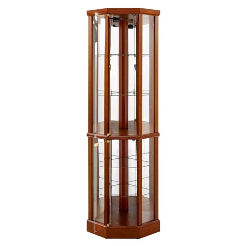6 Shelf Lighted Corner Curio Cabinet with Adjustable Tempered Glass Shelves and Mirror Back, Oak(E26 Light Bulb not Included) WoodArtSupply