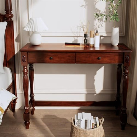 LEEMTORIG Vintage Solid Wood Writing Desk, Small Secretary Desk with 2 Drawers, 39.4" W Cherry Wood Writing Table for Home Office, Victorian French Provincial Desk, Cherry Walnut SSZ-1533-WD LEEMTORIG