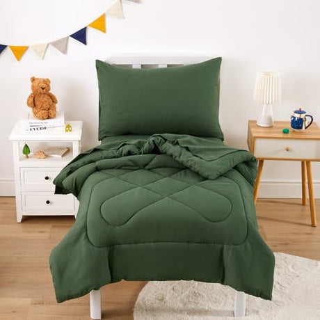 Wake In Cloud - Toddler Bedding Set for Boys Girls, 4 Pieces Soft Crib Bed Set Including Comforter, Sheets and Pillowcase, Olive Green Wake In Cloud