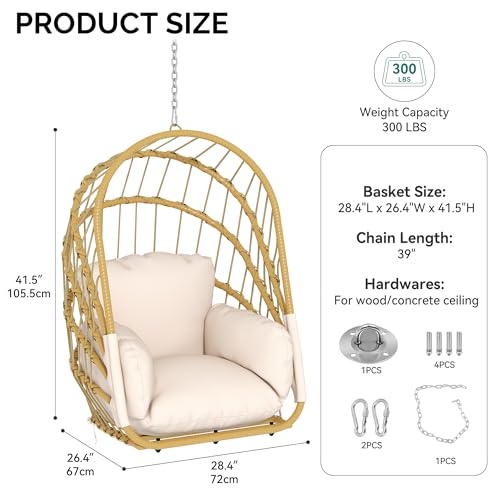 YITAHOME Hanging Egg Chair Without Stand, Rattan Wicker Swing Egg Chair with Light String & Resistant Cushion, 350lbs Capacity, Foldable Hanging Basket Chair for Porch, Garden, Balcony - Beige YITAHOME