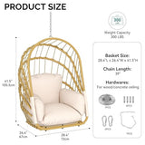 YITAHOME Hanging Egg Chair Without Stand, Rattan Wicker Swing Egg Chair with Light String & Resistant Cushion, 350lbs Capacity, Foldable Hanging Basket Chair for Porch, Garden, Balcony - Beige YITAHOME