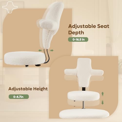 Pinmoco Ergonomic Cross Legged Office Chair Extra Wide for ADHD and Meditation, Kneeling Chair with 360° Swivel Wheels and Reversible Seating, Adjustable Height and Seat Deapth, Teddy Fabric, White Pinmoco