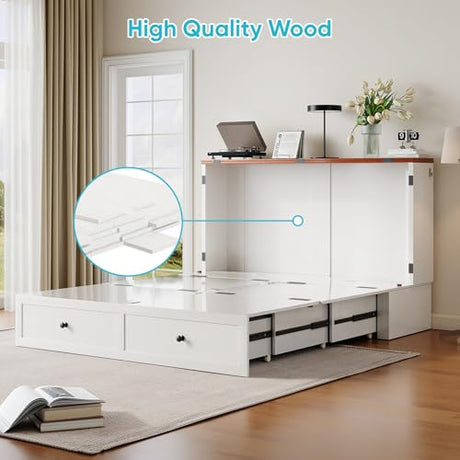 CECER Full Size Murphy Bed with Tri-Folding Mattress，Murphy Bed Full with Large Storage Drawer and Charging Station for Small Spaces/Bedroom（White） CECER