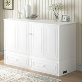 BALUS 63.4" W Queen Size Murphy Bed Cabinet with Tri-Folding Mattress and Storage Drawers, Modern Adults Chest Cube Cabinet Bed with Built-in USB Charging Station for Living Bedroom Apartment, White BALUS