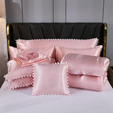 Bedorm Pink Satin Comforter Set 10 Pcs White Pom Pom Bedding Set Queen Size Super Soft Smooth Silk Like Silky Comforter Queen Bed in A Bag with Comforter & Sheet Set & Pillowcase & Bed Skirt Bedorm