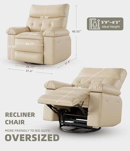 Swivel Rocker Recliner Chair, Massage Recliner Chair with Heat, 360° Swivel PU Leather Manual Recliner for Adults, Long Sitting Fatigue Relief and Shoulder Neck Relaxation, Beige BouPower