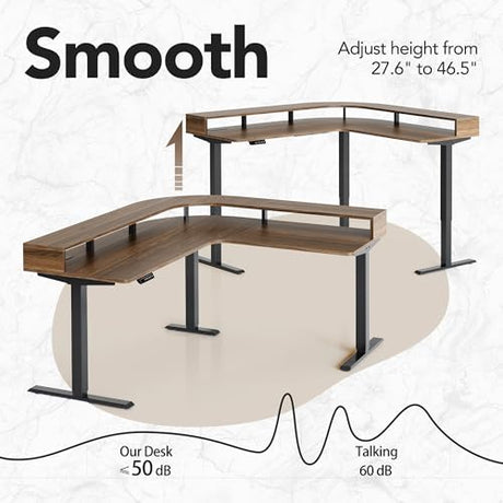 HUANUO Electric L Shaped Standing Desk with File Cabinet, 63" x 55" 2-Tier Height Adjustable Sit Stand up Desk with LED Strip, Power Outrlets & Cable Management Tray, Corner Computer Table, Walnut HUANUO