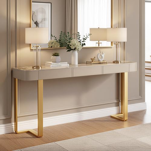 MISXEOE Modern Console Table with Storage Drawers Stone Slab Top, Rectangle Narrow Sofa Table Behind Couch Entryway Cabinet for Living Room, Hallway, Foyer(Gold,31.5"x13.7"x33.4") MISXEOE