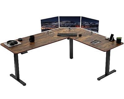 VIVO Electric Corner 75 x 63 inch L-Shaped Standing Desk, Memory Height Adjustment, Rustic Vintage Brown Top Black Frame, DESK-E3CTN-75