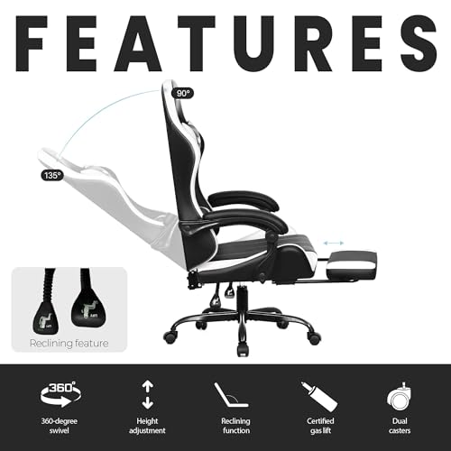 N-GEN GAMING Video Gaming Chair with Footrest Lumbar Support for Home Office High Back Recliner Height Adjustable Ergonomic Comfy Leather Computer Desk Chair (White) N-GEN GAMING