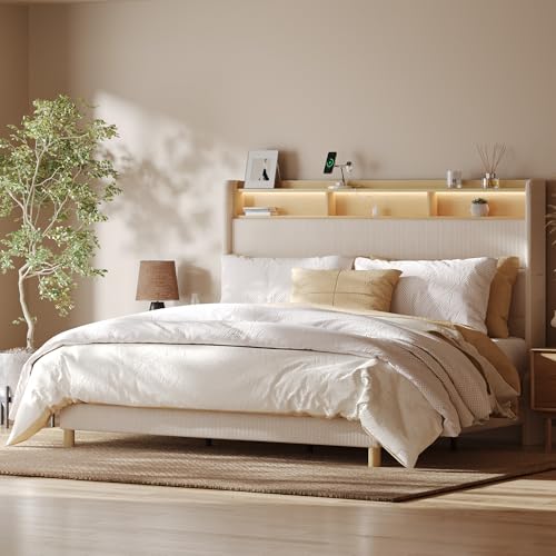 FLEXISPOT 51” King Bed Frame with LED Lights, Charging Station & Storage Shelf, Elegant Corduroy Upholstered Platform Bed with Tall Wingback Headboard, No Box Spring Needed, Beige FLEXISPOT