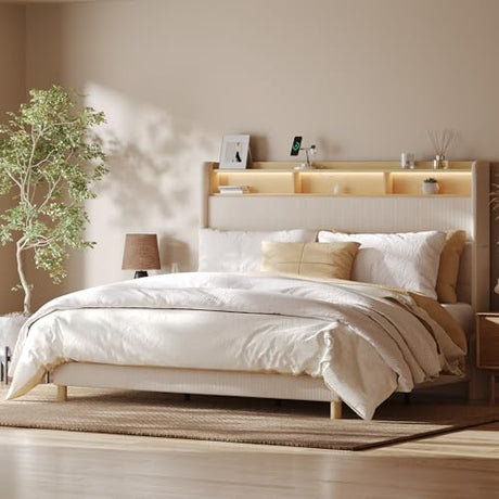 FLEXISPOT 51” King Bed Frame with LED Lights, Charging Station & Storage Shelf, Elegant Corduroy Upholstered Platform Bed with Tall Wingback Headboard, No Box Spring Needed, Beige FLEXISPOT