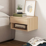 Nathan James Jackson Wall Mounted Floating Bedroom Nightstand with Storage Drawer and Modern Open Shelf Cubby, Light Oak Wood Nathan James