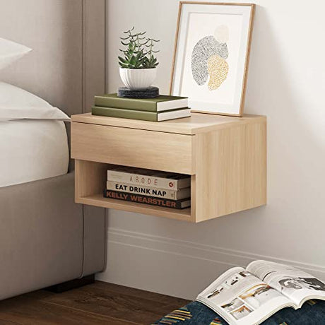Nathan James Jackson Wall Mounted Floating Bedroom Nightstand with Storage Drawer and Modern Open Shelf Cubby, Light Oak Wood Nathan James